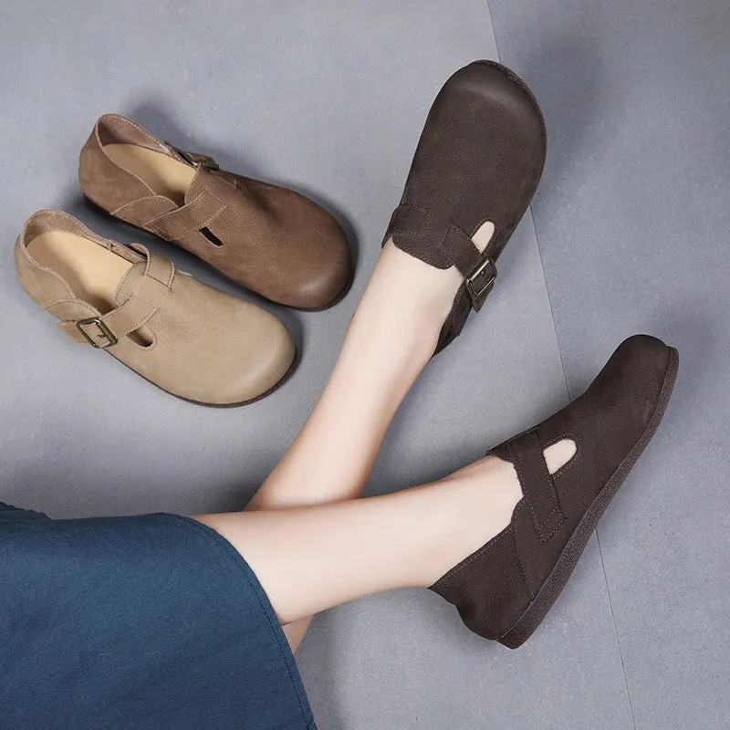 Retro Soft Leather Loafers For Women Round Toe in Flats in Brown/Coffee/Camel