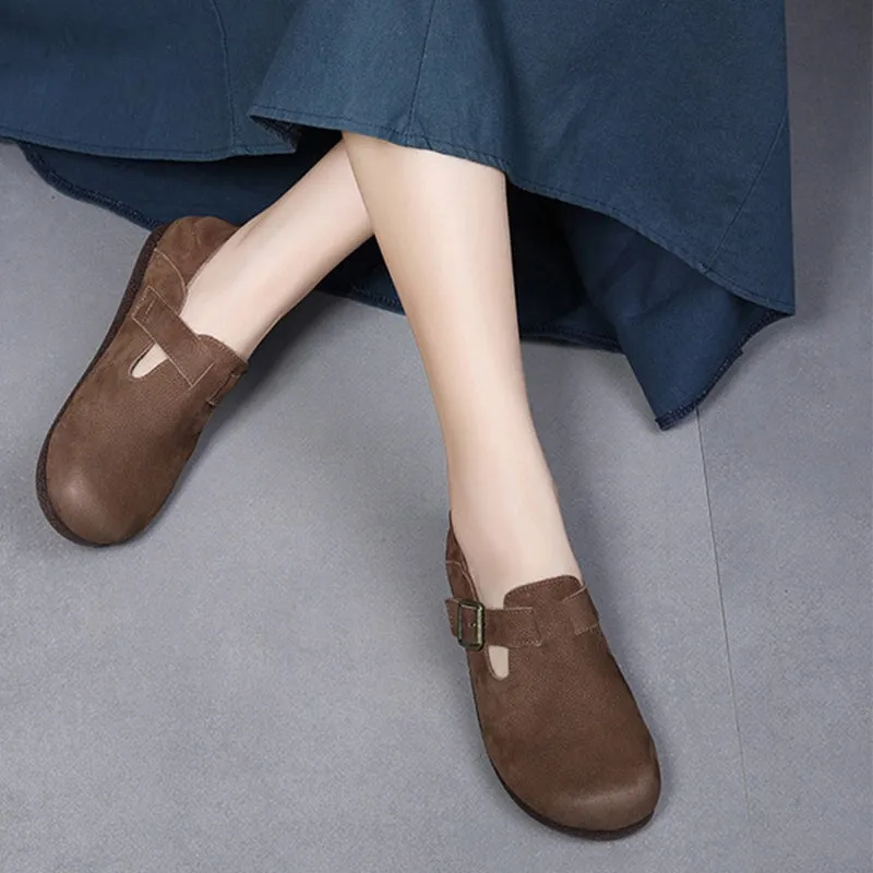 Retro Soft Leather Loafers For Women Round Toe in Flats in Brown/Coffee/Camel