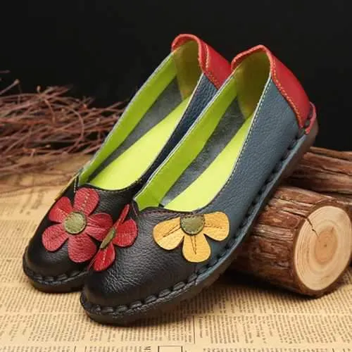 Retro Stitching Leather Flats Casual Shoes