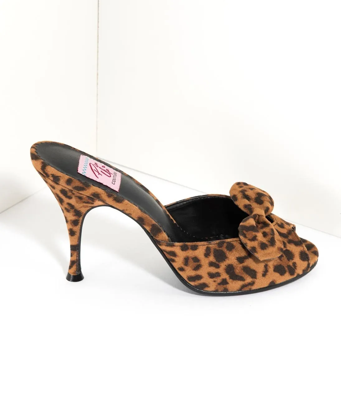 Retro Style Leopard Print Fabric Peep Toe Bow Heels