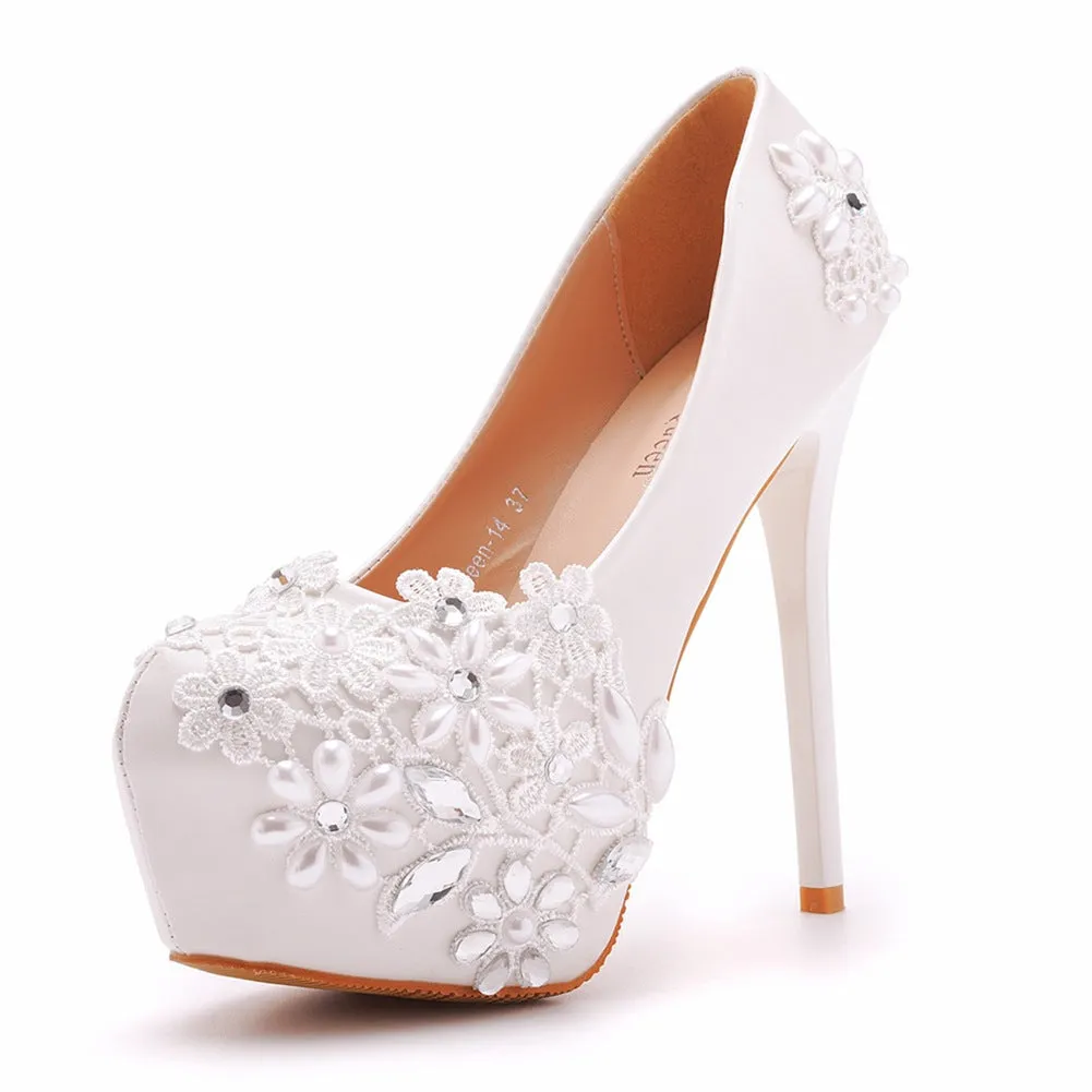 Rhinestone Pearl Lace Decor Bridal Platform Slip On Ultra High Heels