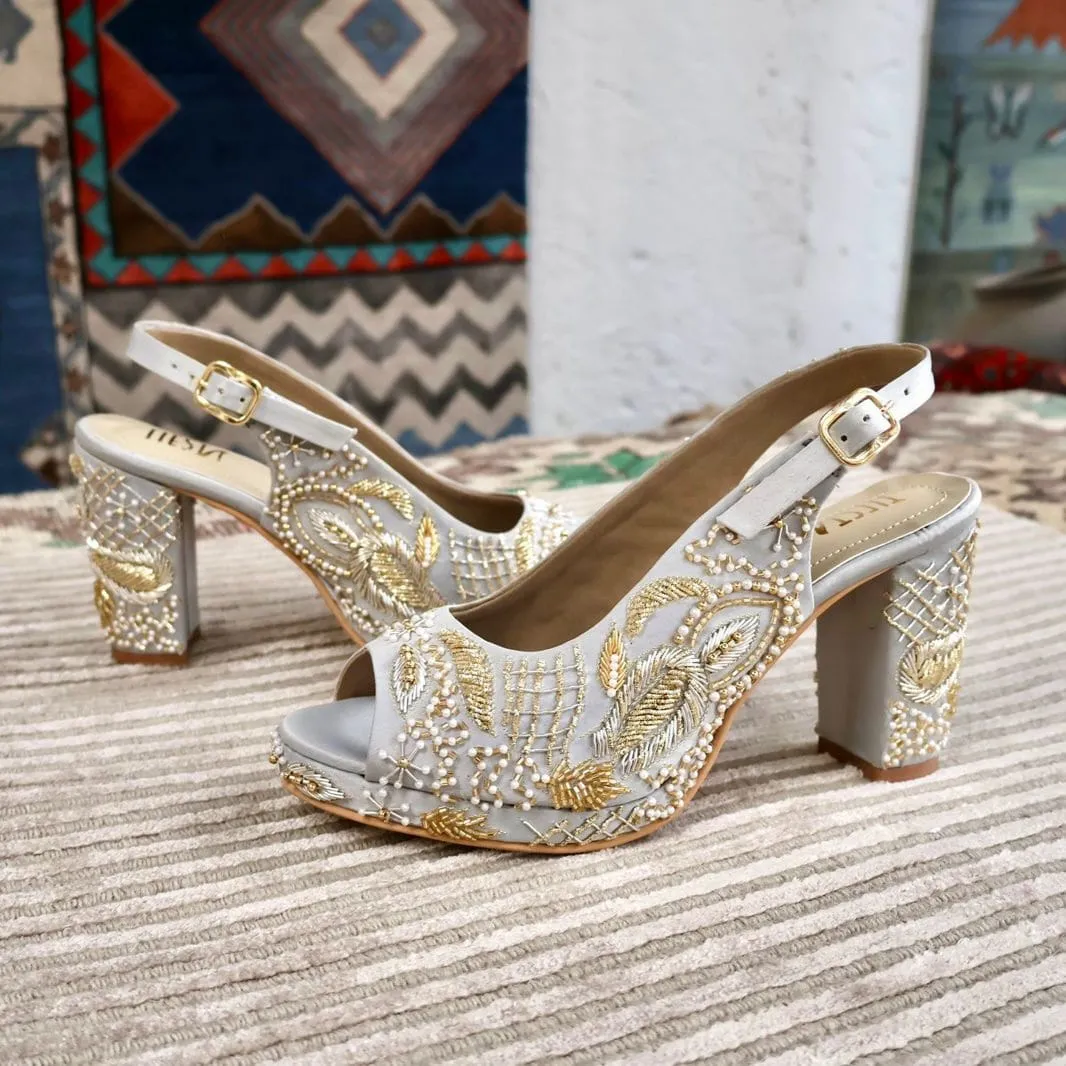 Sabya Grey Hand Embroidered Slingback bridal block heels I Tiesta