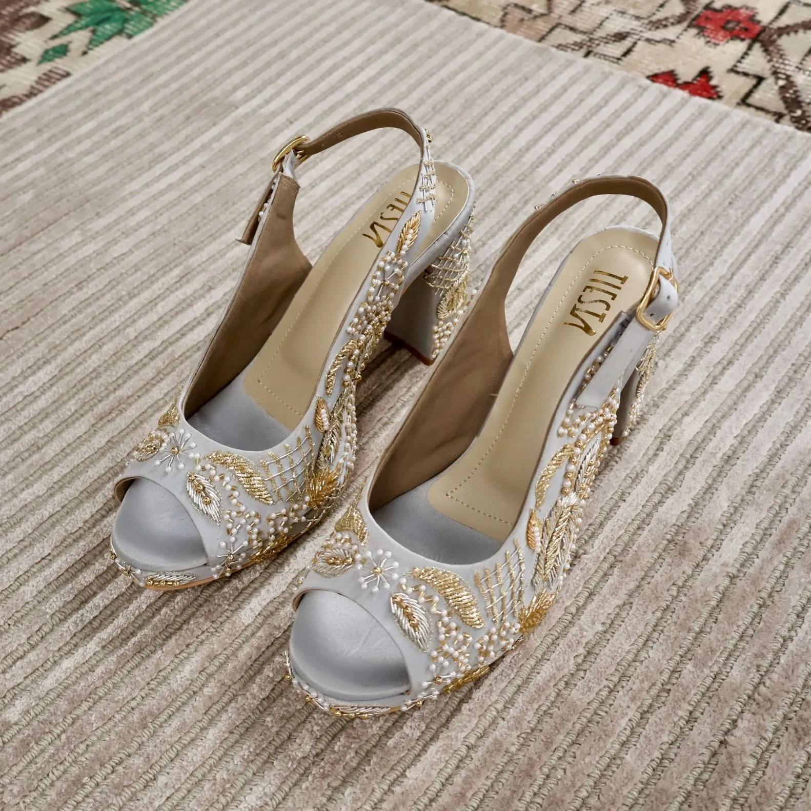 Sabya Grey Hand Embroidered Slingback bridal block heels I Tiesta