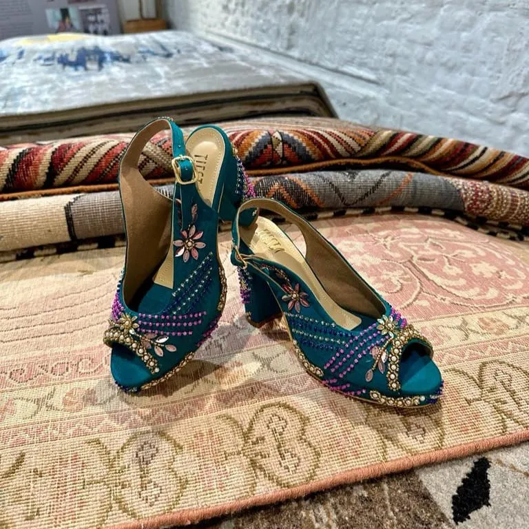 Sabya Peacock Blue Hand Embroidered Slingback bridal block heels