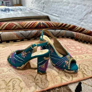 Sabya Peacock Blue Hand Embroidered Slingback bridal block heels