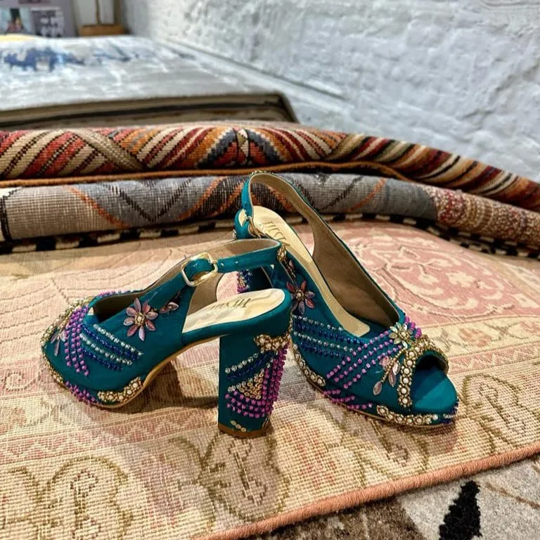 Sabya Peacock Blue Hand Embroidered Slingback bridal block heels