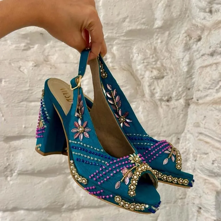 Sabya Peacock Blue Hand Embroidered Slingback bridal block heels