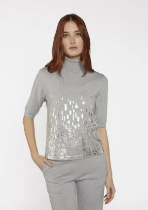 Scorzzo High Neck Knit Top With Print Foil Grey