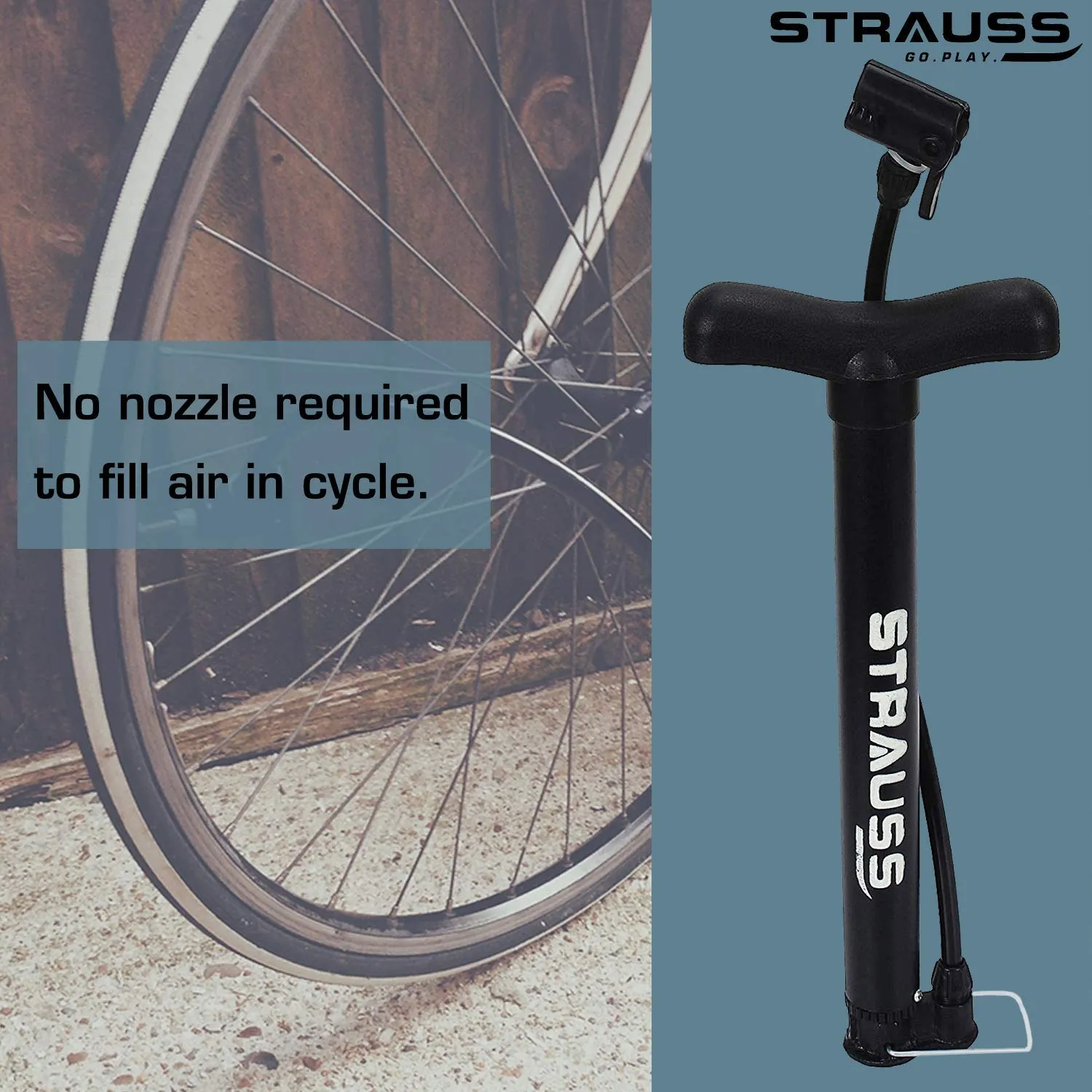 Strauss Bicycle Air Pump with Needle & Dual Valve | Portable Pump with 2 Modes | Sturdy Base & Ergonomic Handle, (Black)