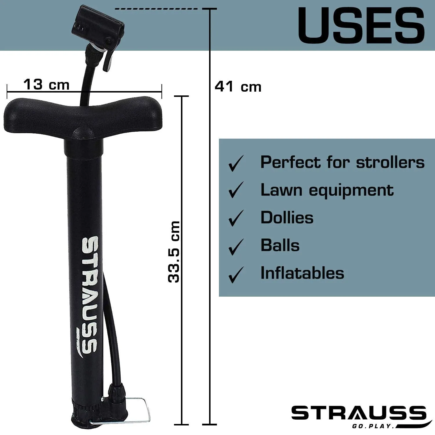 Strauss Bicycle Air Pump with Needle & Dual Valve | Portable Pump with 2 Modes | Sturdy Base & Ergonomic Handle, (Black)