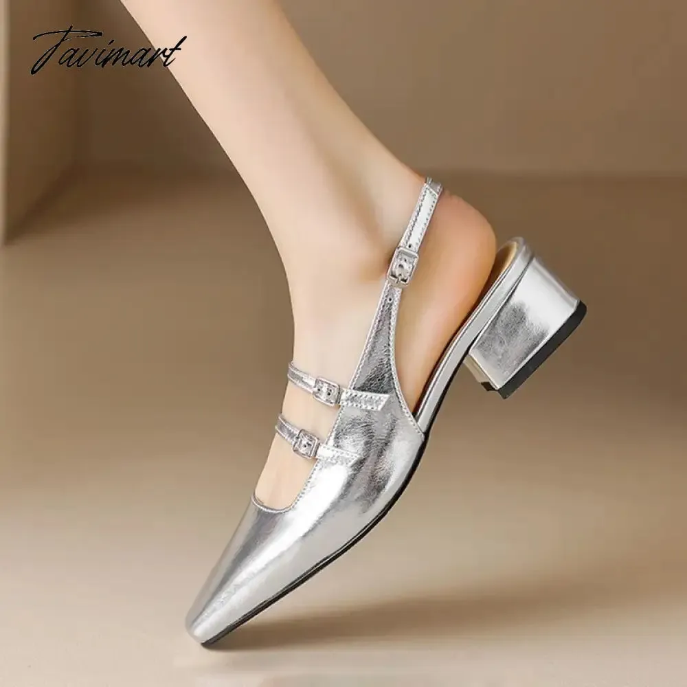 TAVIMART New Women's Sandals Square Toe Double Buckle Pumps Mid Heels Slingbacks Sliver Wedding Shoes for Woman Summer Dress Shoes 1349N