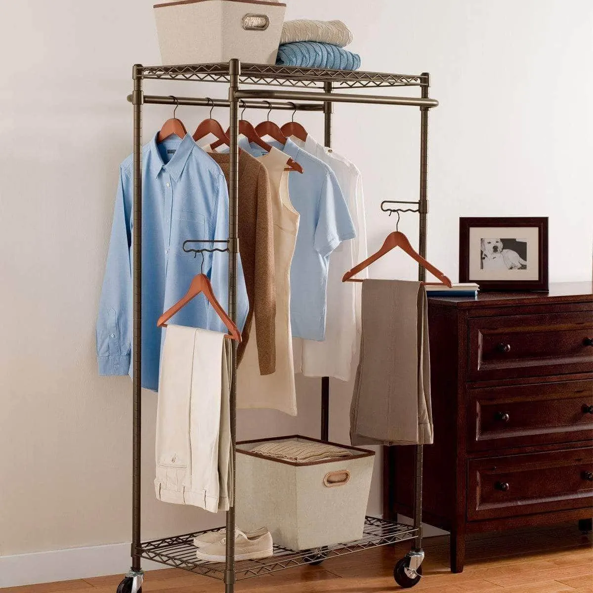 Tidyliving Garmen Heavy Duty Garment Rack, Commercial Grade, Double Rod Rolling Organizer, Adjustable Hanging Clothes Stand