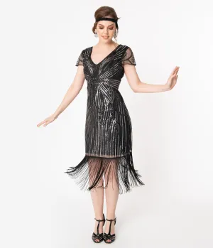 Unique Vintage 1920s Black & Silver Lille Fringed Flapper Dress