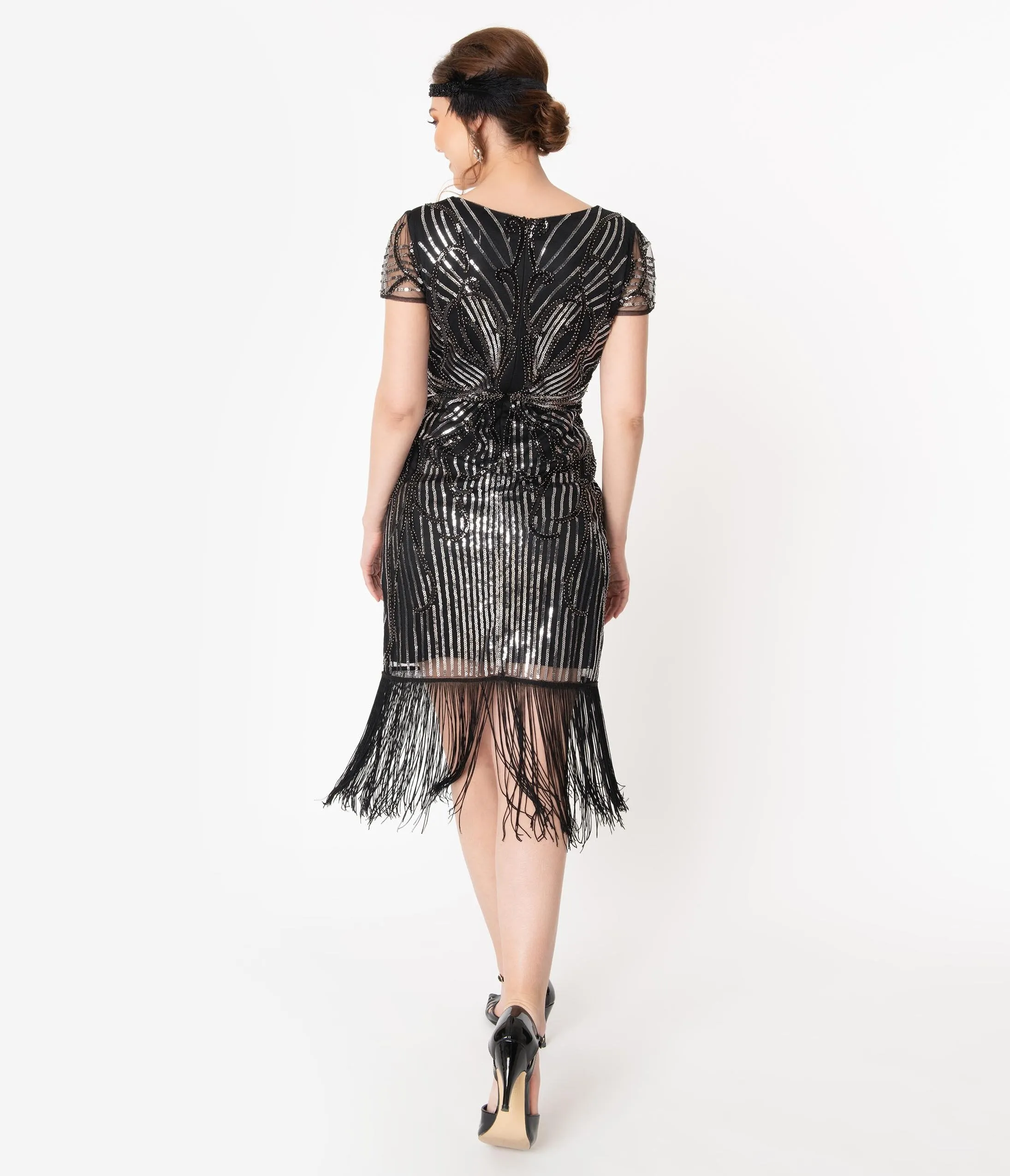 Unique Vintage 1920s Black & Silver Lille Fringed Flapper Dress