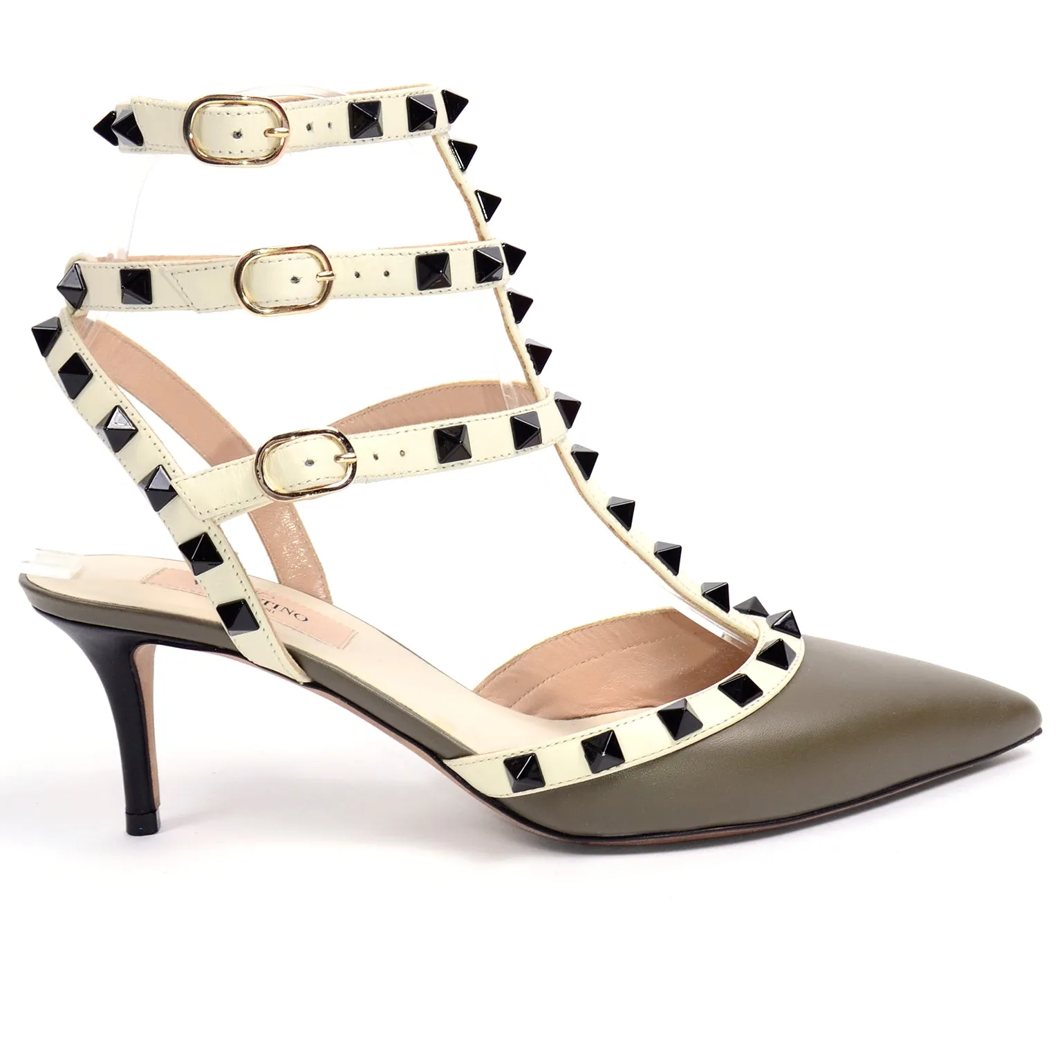 Valentino Green & Cream Rockstud Heels Cage Triple Ankle Strap Shoes