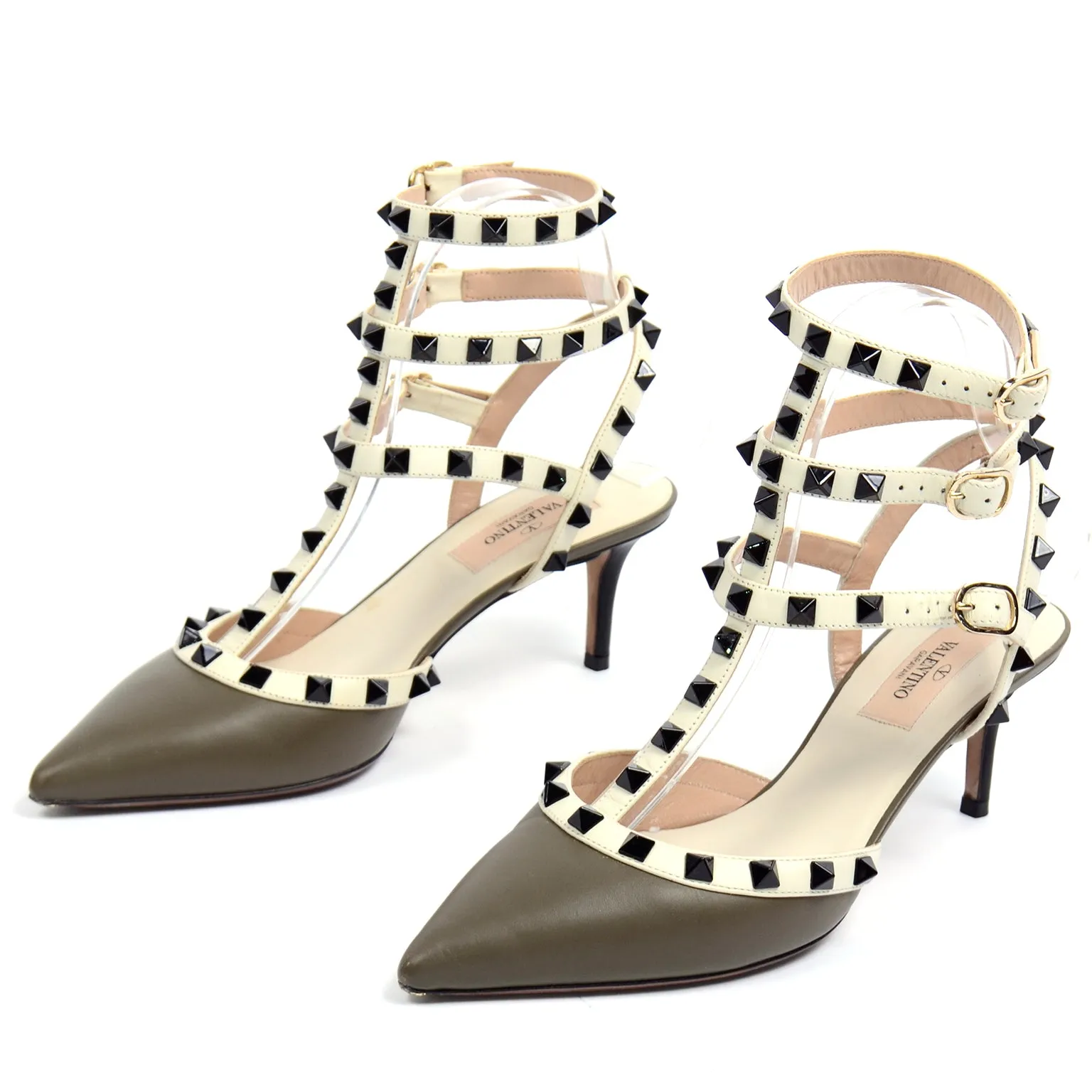 Valentino Green & Cream Rockstud Heels Cage Triple Ankle Strap Shoes