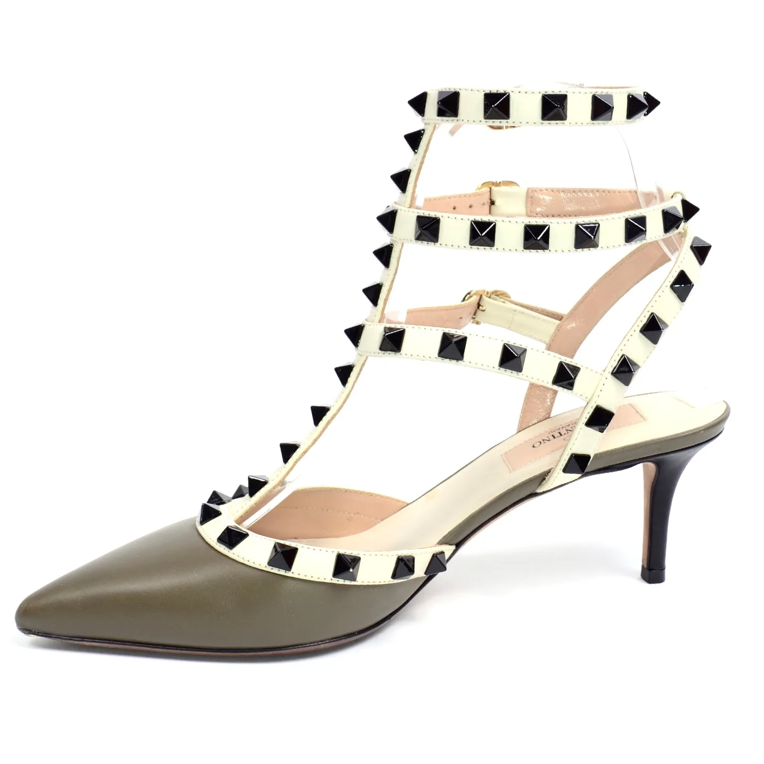 Valentino Green & Cream Rockstud Heels Cage Triple Ankle Strap Shoes