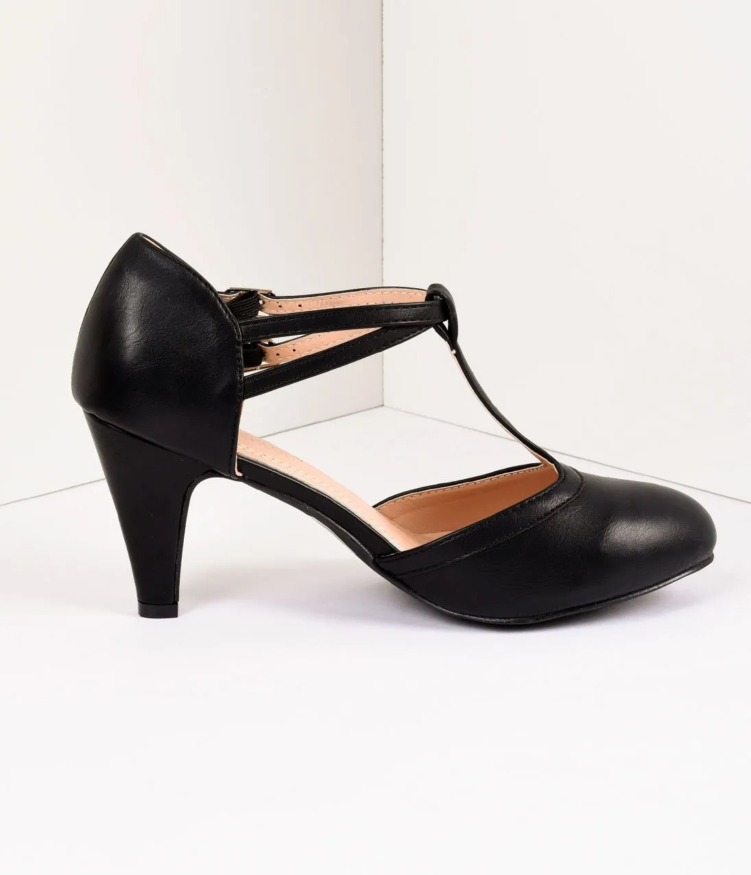 Vintage Style Black Leatherette Round Toe T-Strap Heels