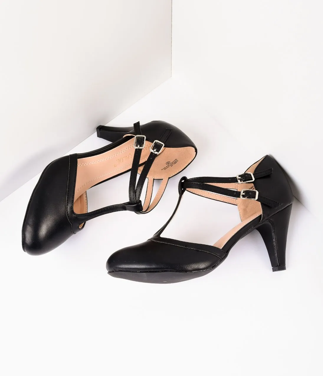 Vintage Style Black Leatherette Round Toe T-Strap Heels