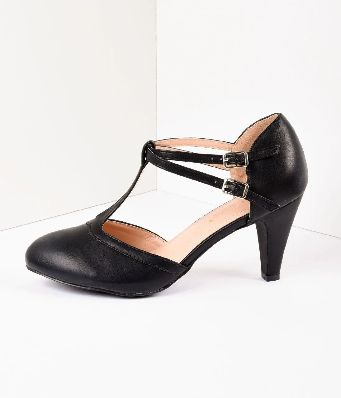 Vintage Style Black Leatherette Round Toe T-Strap Heels