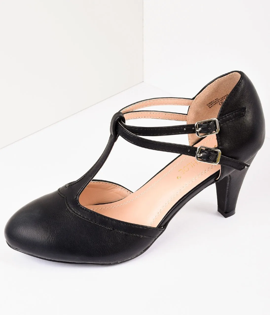 Vintage Style Black Leatherette Round Toe T-Strap Heels