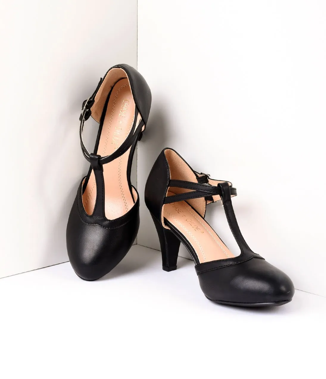 Vintage Style Black Leatherette Round Toe T-Strap Heels