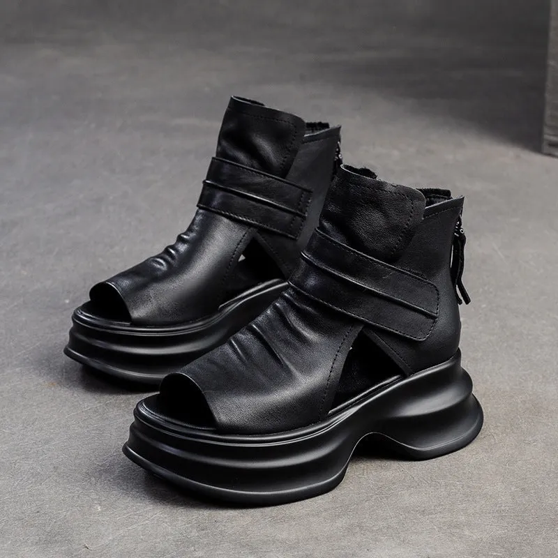 Women Leather High Top Platform Bootie Sandals