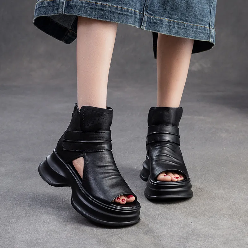 Women Leather High Top Platform Bootie Sandals