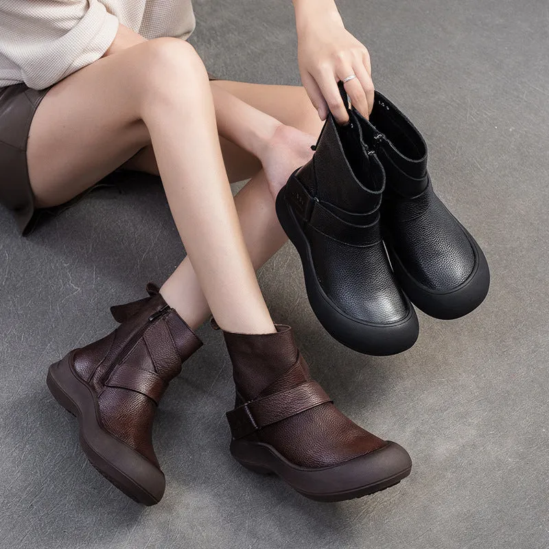 Women Minimalism Solid Leather Furred Ankle Boots