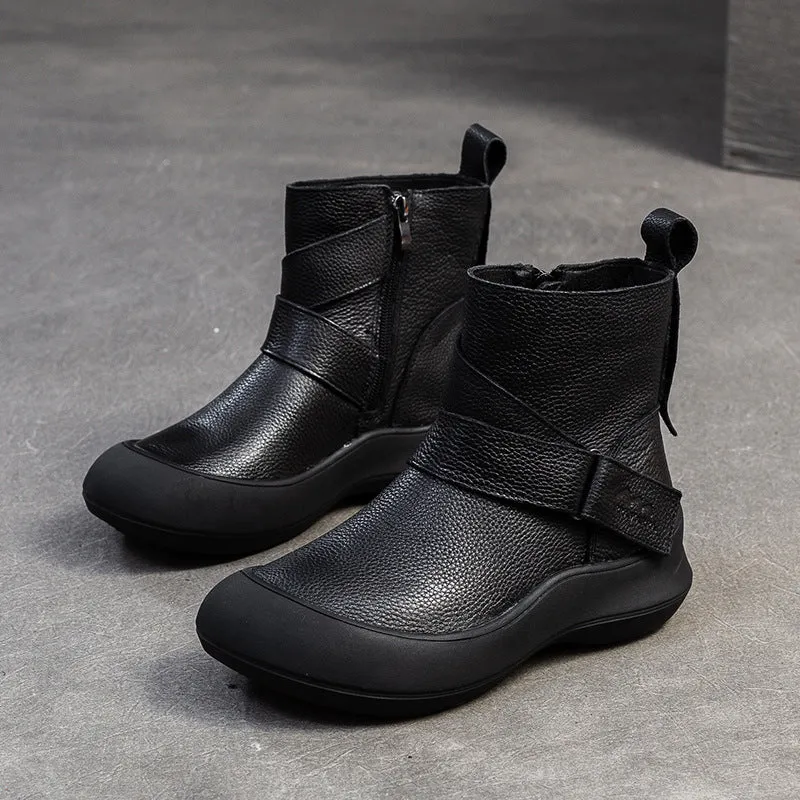 Women Minimalism Solid Leather Furred Ankle Boots