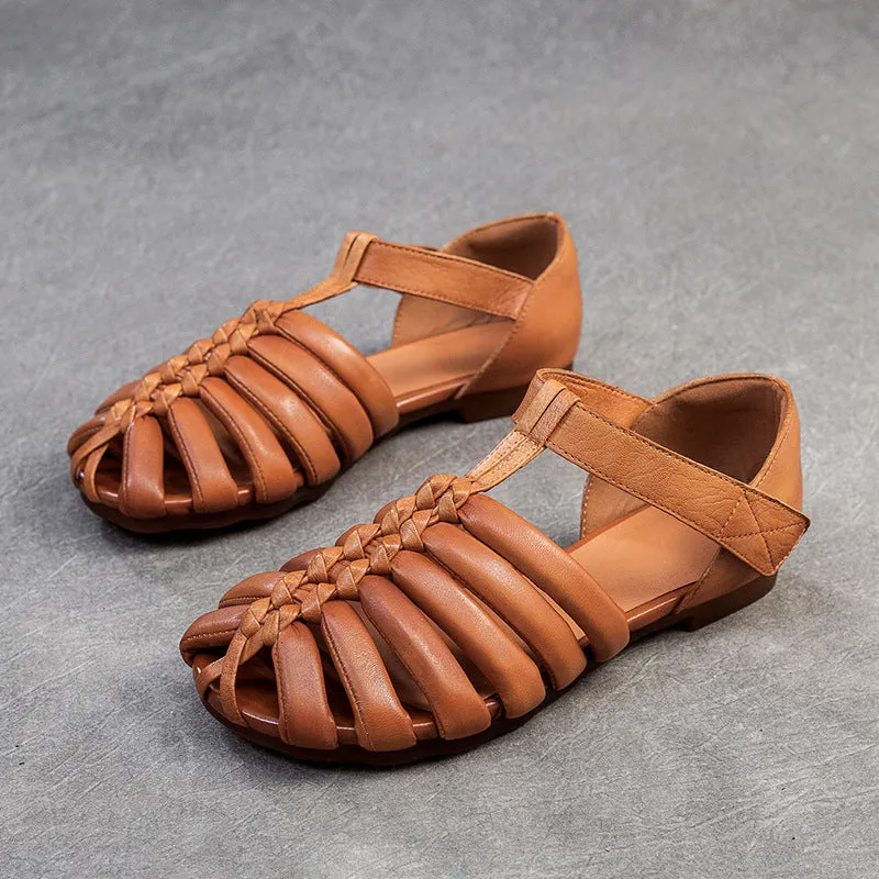 Women Retro Handmade Leather Flat Summer Sandals