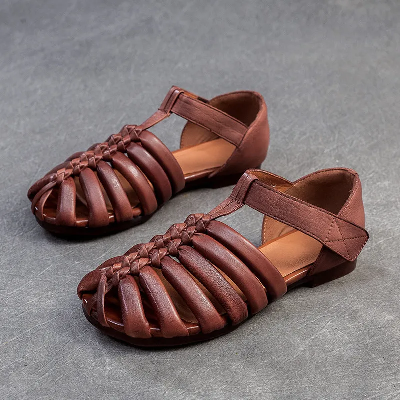 Women Retro Handmade Leather Flat Summer Sandals