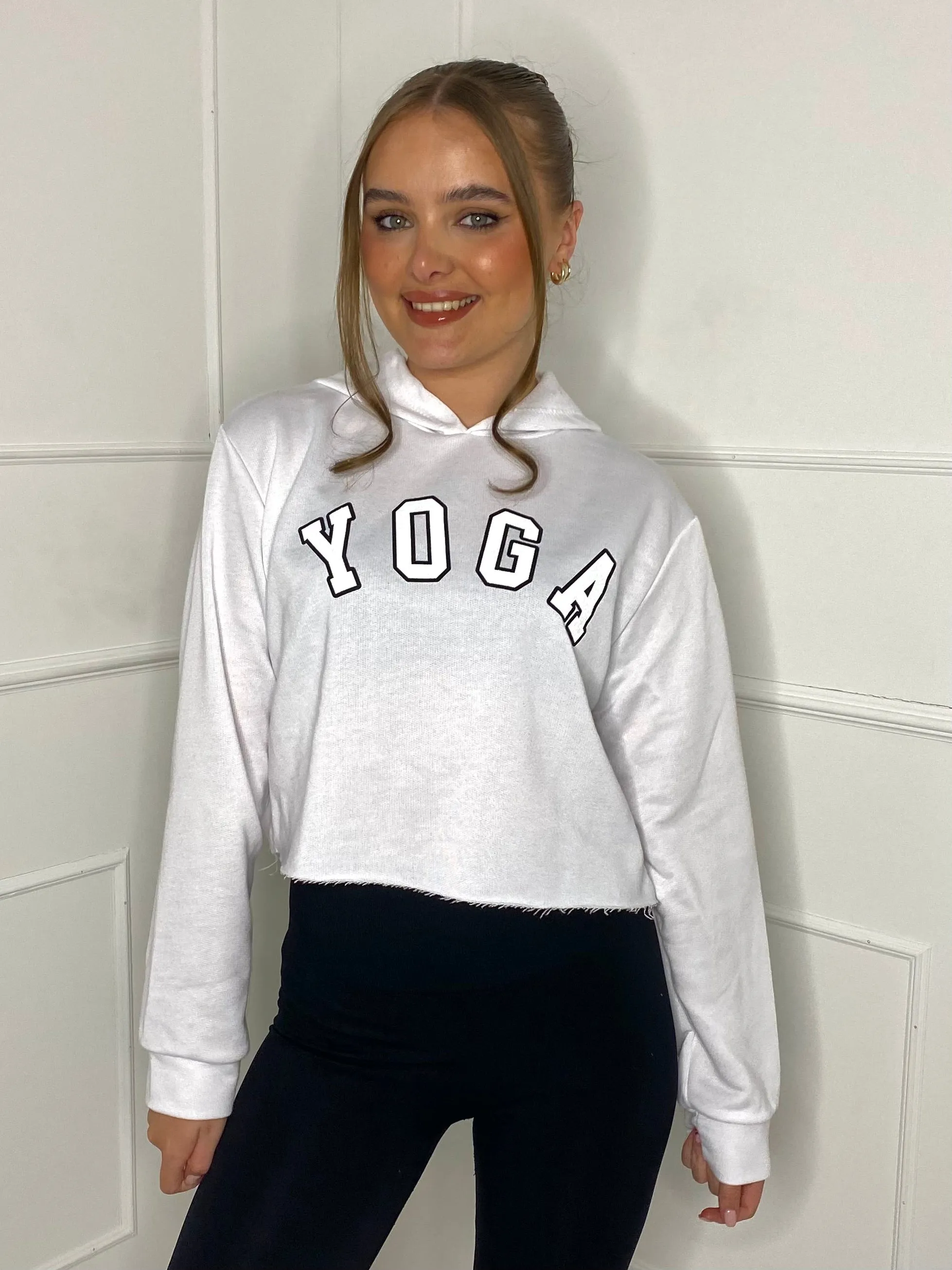 Yoga Print Cropped Hoodie - White