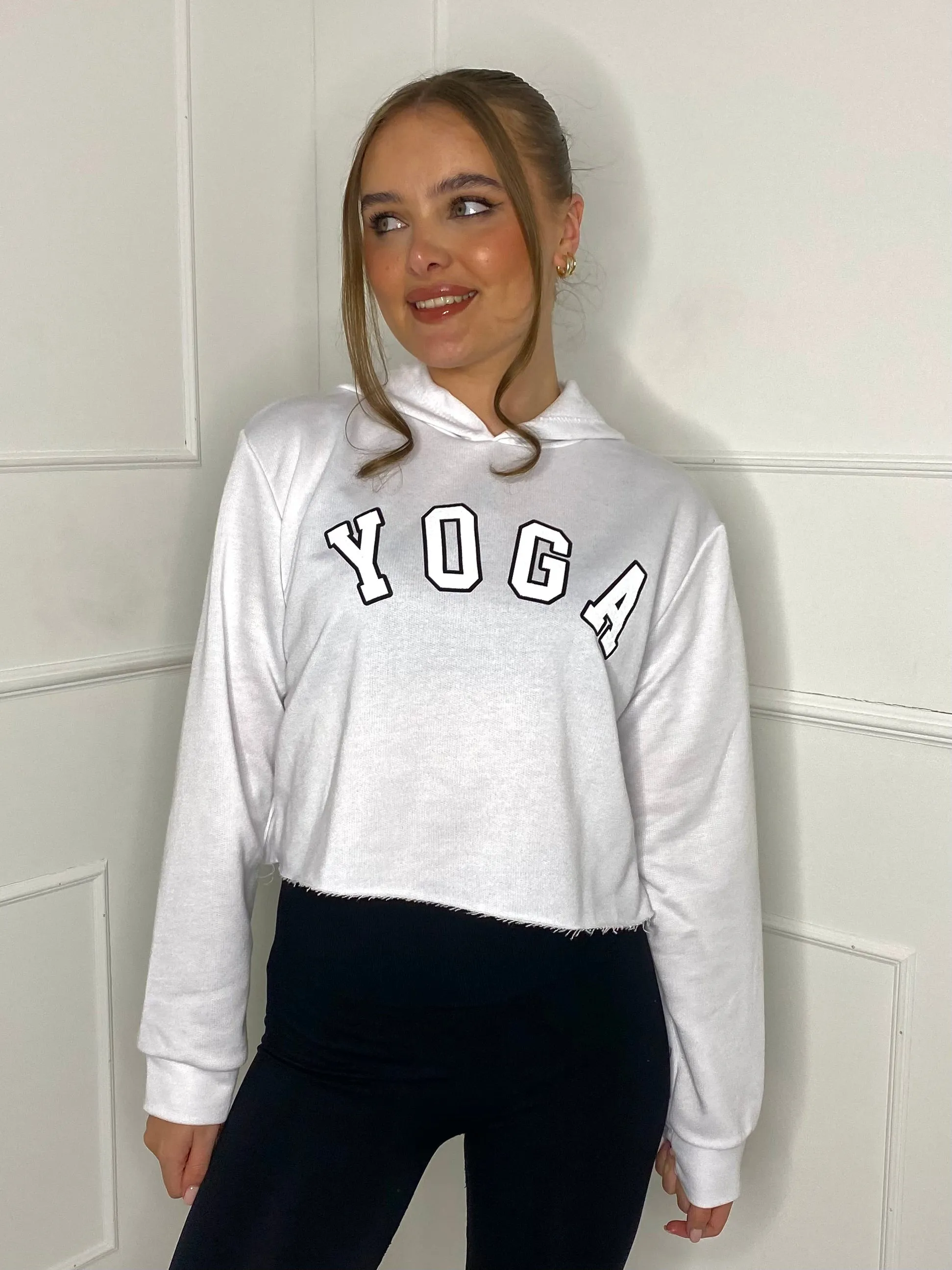 Yoga Print Cropped Hoodie - White