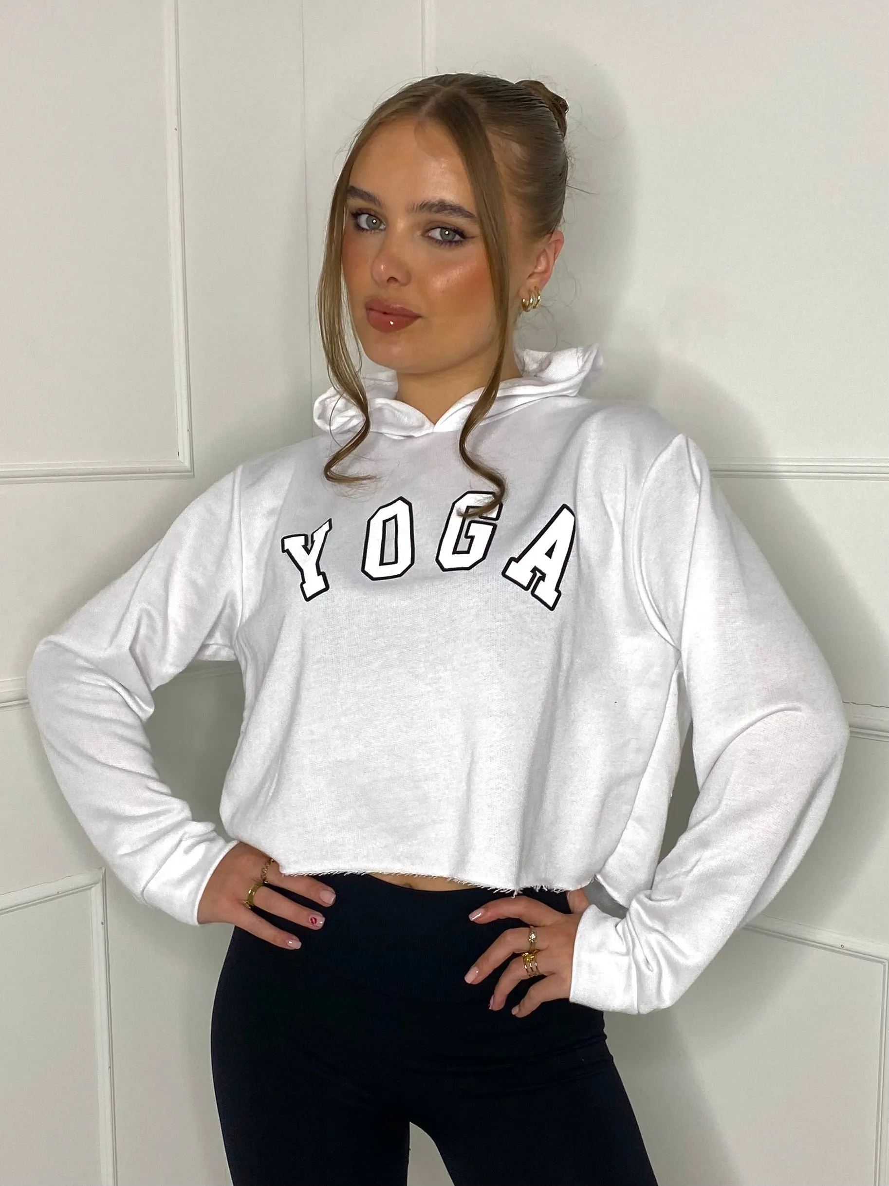 Yoga Print Cropped Hoodie - White