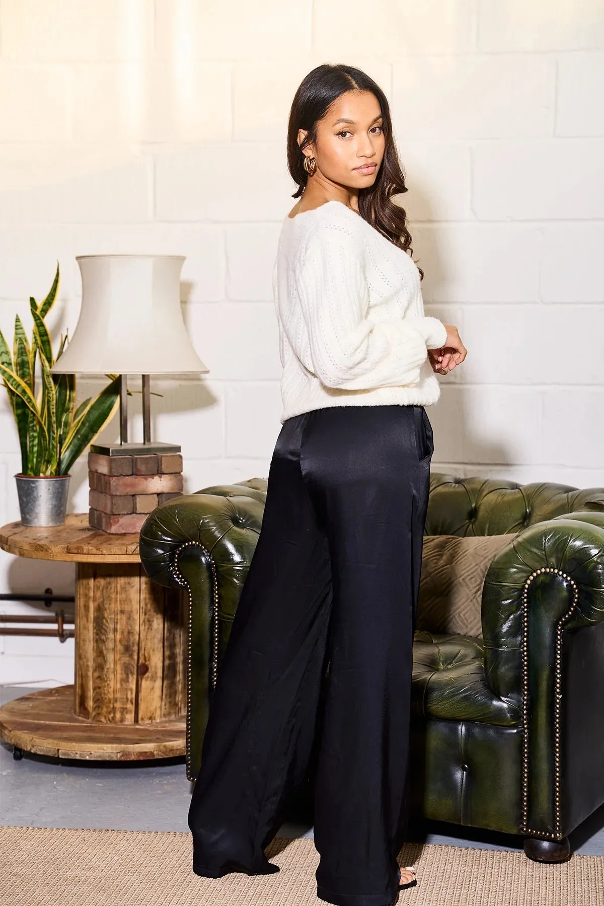 Zibi London Mika Wide Leg Satin Trousers Black