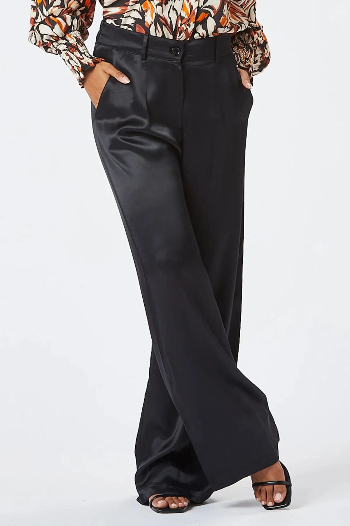 Zibi London Mika Wide Leg Satin Trousers Black